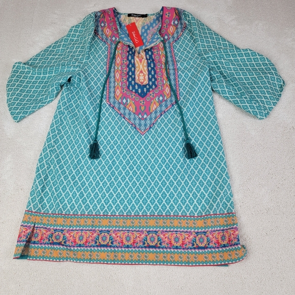 Urban Coco Teal Boho Aztec Pattern Swim Cover-Up Dress With Tassels Sz L NEW - Picture 2 of 9